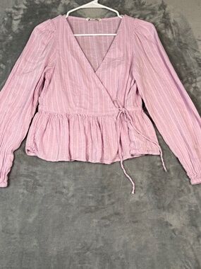 American Eagle Pink Wrap Top Peplum Long Sleeve Boho Cottagecore M
